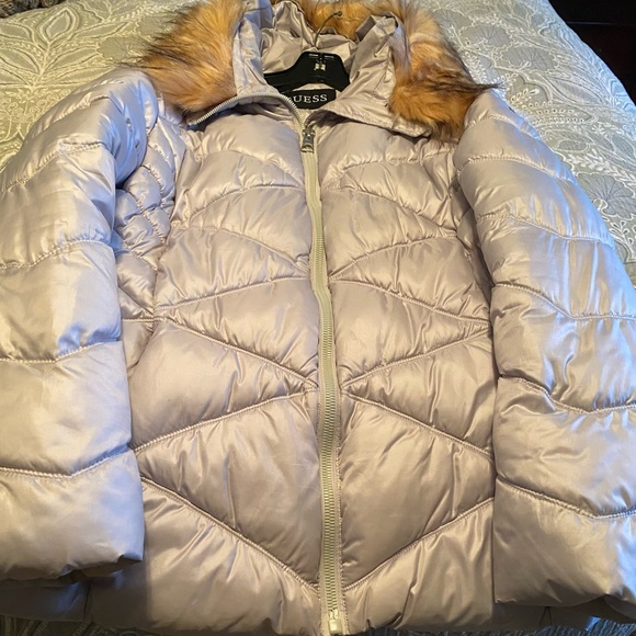 GUESS Women's Silver Puffer Jacket with Brown Faux Fur - Picture 5 of 6
